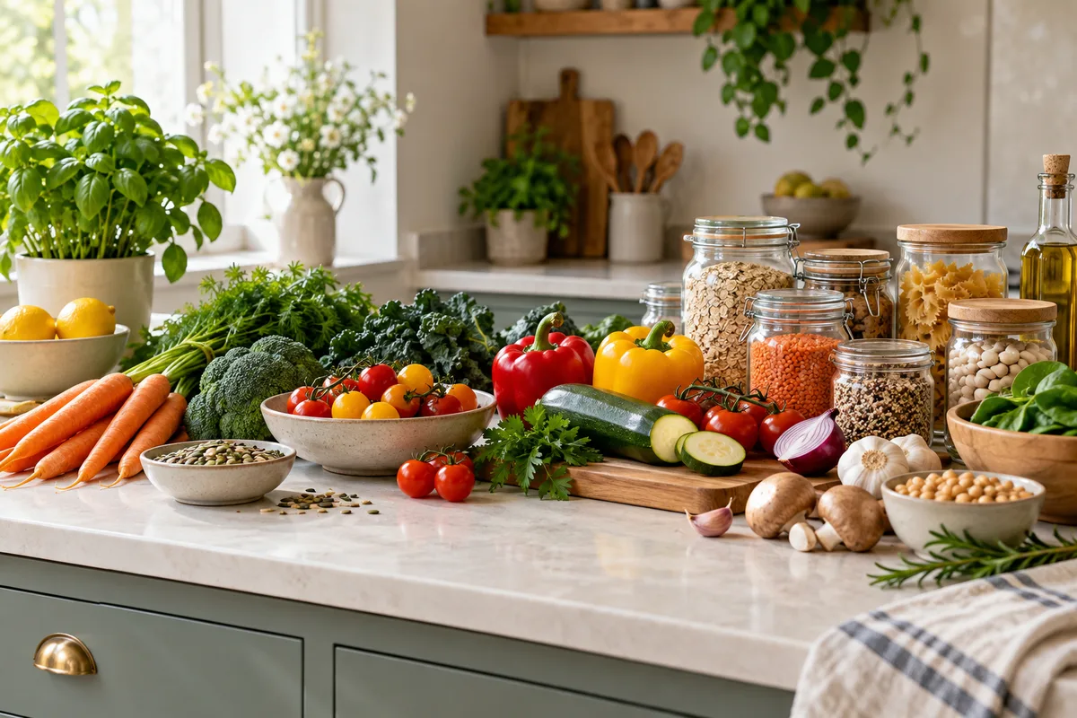 Fresh vegetables and pantry jars ready for meal planning