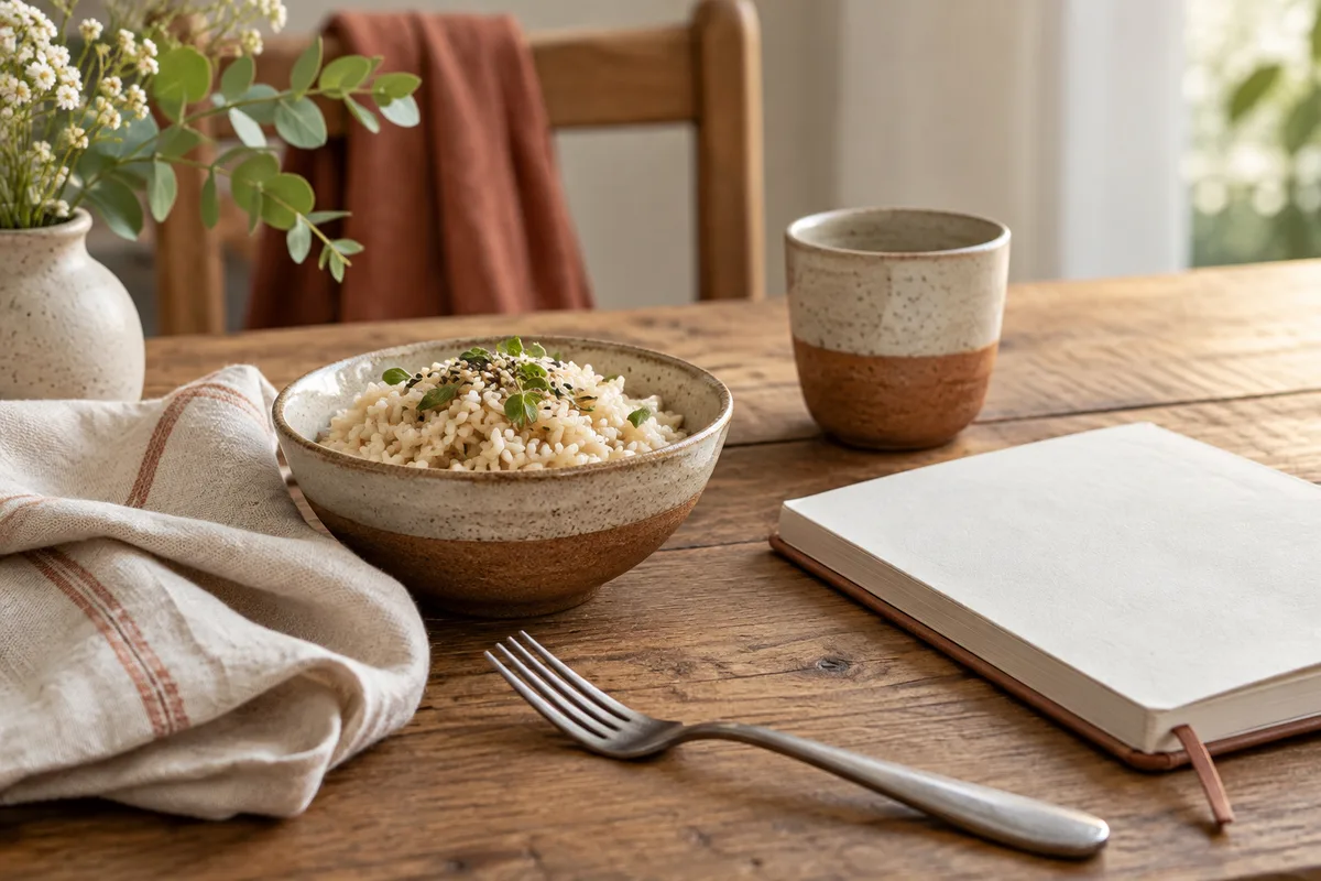 A bowl of rice and journal on a quiet table