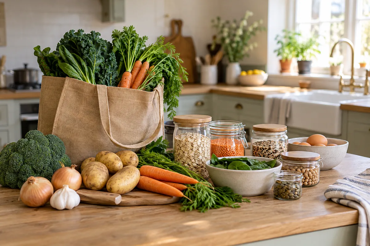 Groceries and unbranded food containers on a kitchen counter