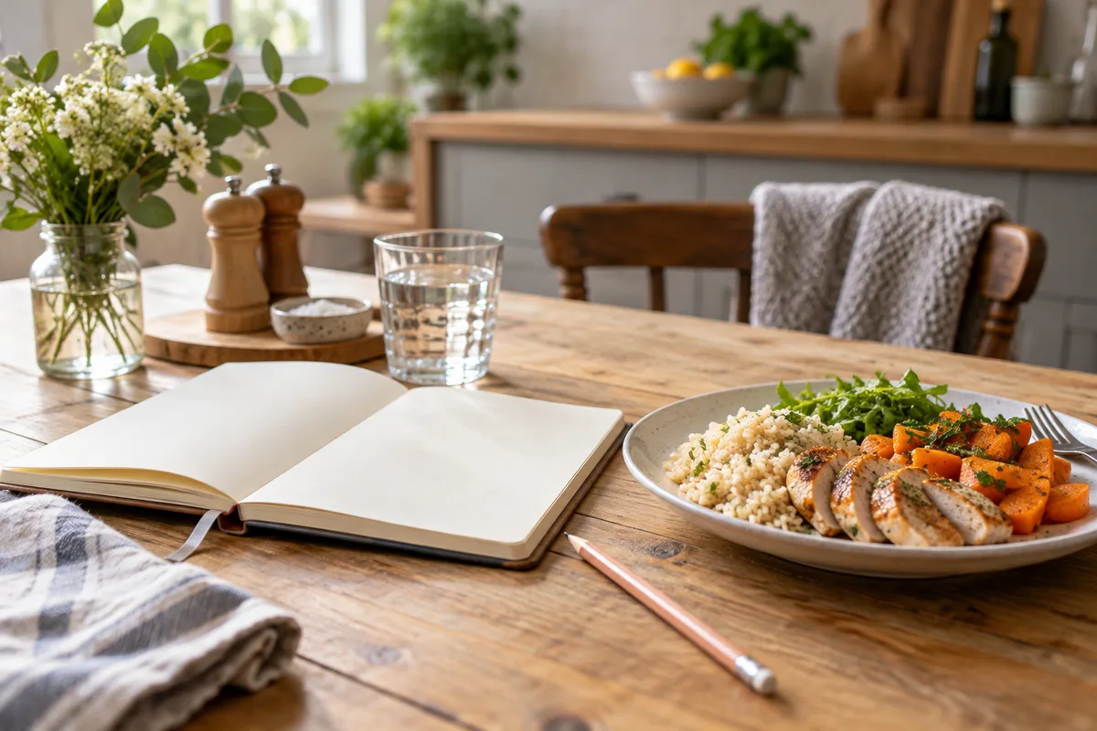A notebook and simple lunch on a kitchen table